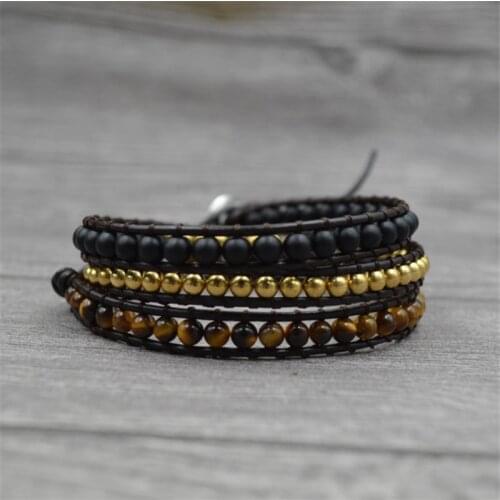Fashion Beaded Black BeadsLeather Tiger Eye Bracelet Jewelry Handmade Natural Stone Charm 3 Strands Wrap Bracelets Drop Shipping