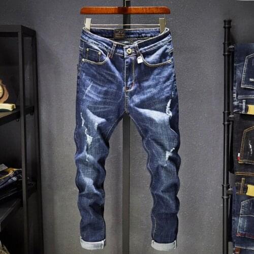 2019 New Skinny Jeans Men Tearing Hole Slim Fit Denim Joggers Stretch Male Jean Pencil Pants Blue Mens Jeans Fashion Casual