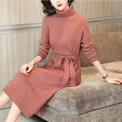 Autumn Winter Slim Midi Dress Knitted Women Sweaters Pullover Long Sleeve Turtleneck Pullovers Knit Sweater Dress Warm X323