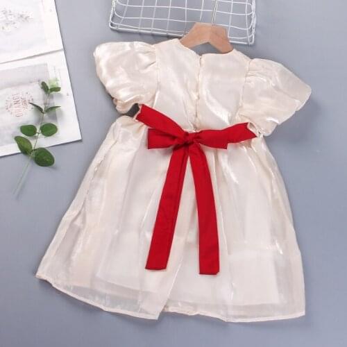 Baby Girl Princess Dresses for Toddler Kids Clothes Children Cute Bowtie Sashes Clothing Sweet Solid Puff Sleeve Dress for Girls