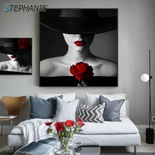 Sexy Black Red Lip Rose Canvas Art Modern Busty Lady Posters Prints Quality Wall Art Living Room Cuadro Sexy Decor Tableau salon