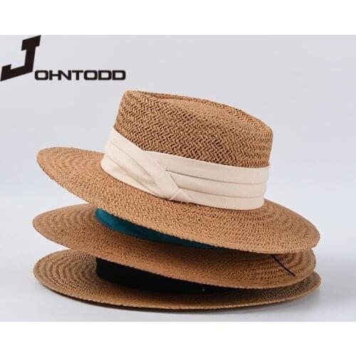 New summer sun hat ladies fashion girl straw hat ribbon bow beach hat casual grass flat top panama hat bone womens visor cap