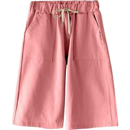 Plus Size Knee Length Shorts Women Summer Loose Wide Leg Trousers Pantalon Femme Pink Drawstring High Waist Shorts Female M-7XL