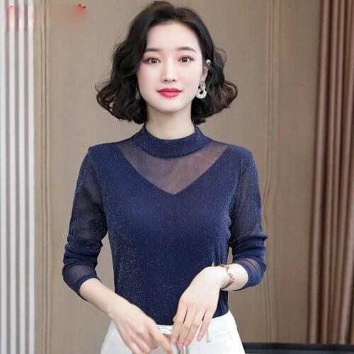 Women 2021 Spring Autumn M-4XL Plus Size Tops Female Lace Bottoming Shirt Ladies Long-sleeved New Mesh Slim Shirt Blouse X254