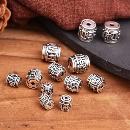 925 Sterling Silver Vintage Buddhism Six Word Mantra Sanskrit Bucket Beads DIY Bracelet String Buddha Bead Handmade Accessories