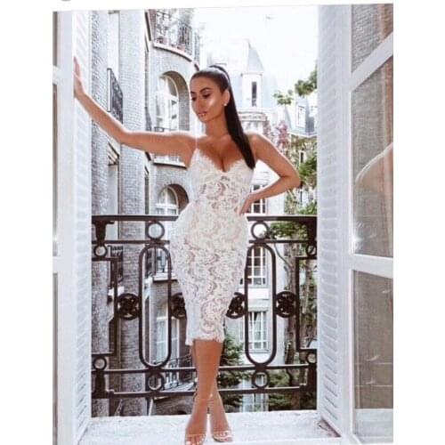 High Quality Women Sexy Lace Mini Rayon Bodycon Bandage Dress 2018 Elegant Beige Celebrity Party Dresses