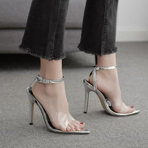 2021 New Summer sandals women PVC transparent strap open toe ladies shoes sexy thin high heel ankle strap party pumps silver