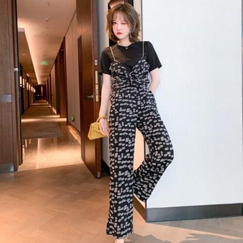 Awarose Fashion Print 2 Piece Set Women Patchwork Fake Two Piece T-shirt High Waist Wide Leg Pant Female Summer Clothes Set 2021
