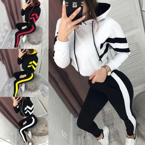 Hooded Tracksuit For Women 2Pcs Sports Set Outfits Striped Fashion Running Sets 2021 Spring Long Sleeve Sweatershirt Sport Suit