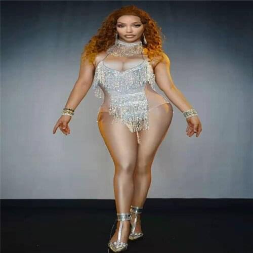 T08 Sexy female rhinestone bodysuit sparkly diamonds tassels Tights stage dance costumes party wears leotards printing outfits