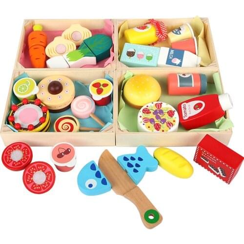 Wooden Cutting Cooking Food Toy Set Wooden Box Magnetic Wood Vegetable Fruit Toy Pretend To Play Kitchen Kit Toy Gift for Kids