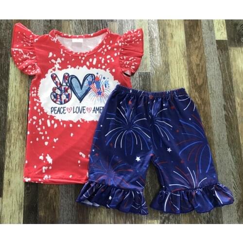 Kids Clothing Baby Girl Independence Day Scissor Hands Fireworks Blue Lace Shorts Set