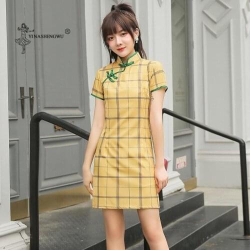 Chinese Traditions Elegant Slim Chinese Vintage Short Sleeve Daily Dress Women Cotton Mini Qipao Sexy High Split Plaid Cheongsam