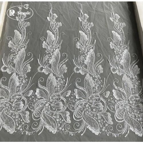 70*128CM Mirror Flower Creamy White Sequins Bead Embroidery Bridal Fabric Shiny New Wedding Dress Lace Fabric RS3713