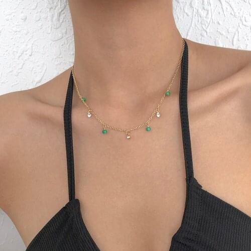 Lalynnly Sweet Rhinestone Small Green Beads Choker Chain Necklace For Women Girls Boho Fashion Party Jewelry Accessories N8819