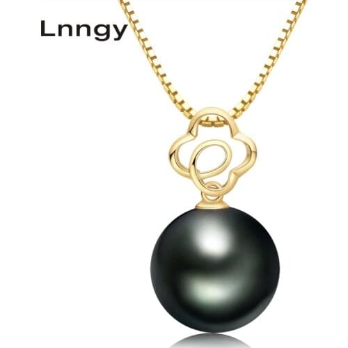 Lnngy 18K Solid Gold Chain Black Pearl Pendant Necklace Hollow Flower Natural Tahitian Pearl Luxury Wedding Pendant Necklace