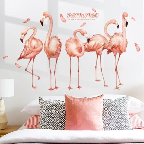 Pink Flamingo Wall Sticker for Kids Girls Room Bedroom Removable Decal Creative Feather Murals Wall Decoration DIY Self-adhesive