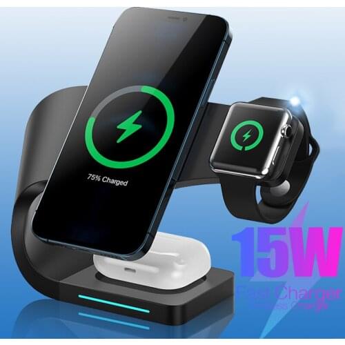Desktop Wireless Charger 15W LED Indicator 3 In 1 Magnetic Fast Charging Station For Apple Airpods Watch 6 For iPhone 12 Pro Max