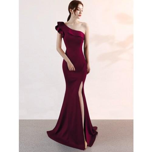 2021 New Simple Long Evening Dress One Shoulder Elegant Women Wedding Party Dress Solid color Leisure simplicity