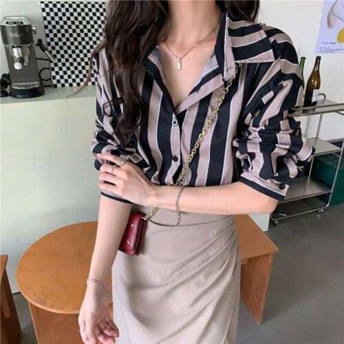Alien Kitty 2021 New Autumn Ladies Two-Piece Suit Mid-Length High-Waist Split Half Skirt Long-Sleeved Casual Loose Striped Shirt