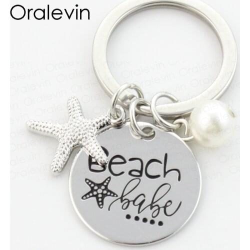 Wholesale BEACH BABE Engraved Personalized BEACH Charms Keychain for Girl Gift for Her Jewelry 22MM,10Pcs/Lot,#LN123K