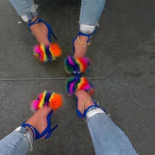 Autumn /winter new warm fox hair stiletto cross strap women sandals 2020 plus size general banquet ms slippers