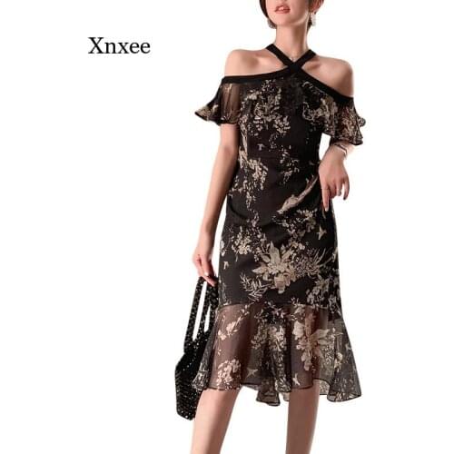 Off Shoulder Midi Mermaid Dress Summer Women Sexy Hanging Neck Ruffled Print Slim Slimming Fishtail Dress Office Lady Bodycon