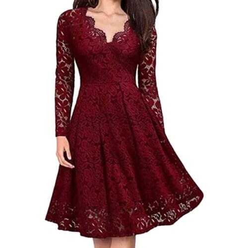 Retro Women Dresses Lace Floral V Neck Long Sleeve Tight Waist A-line Party Midi Dress Tight Waist Party Dress Women платье