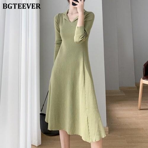 BGTEEVER Casual Lapel Full Sleeve Female A-line Knitted Dress 2021 Autumn Winter Slim Waist Women Sweater Midi Dress Vestidos