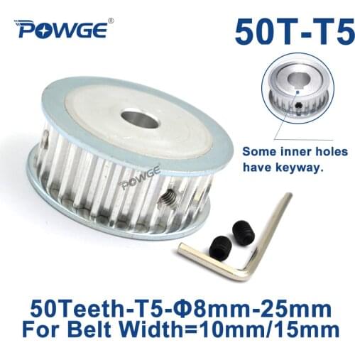 POWGE 50 Teeth T5 Timing Synchronous pulley Bore 8/10/12/14/15/19/20/22/25mm for belt width 10/15mm 50-T5-15 AF Gear 50teeth 50T