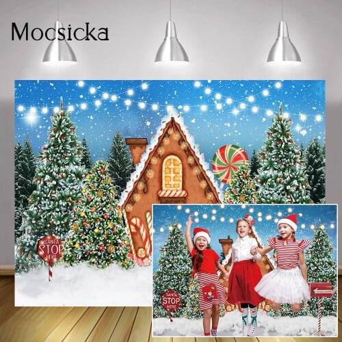 Christmas Gingerbread House Backdrop Winter Snow Christmas Tree Portrait Background Lollipop Candyland Xmas Party Decoration