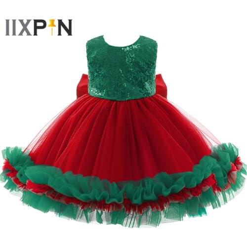 Girls Christmas Costume Shiny Sequins Mesh Tutu Ballet Dress Bowknot Princess Dressup Kids Dance Wear Xmas Christmas Clothes