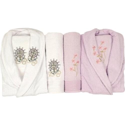 Scar Embroidered 100 Cotton 4 Piece Bathrobes Set White Lilac