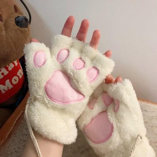 Cute Cat Paw Plush Warm Half Open Fingered Women Gloves Winter Autumn Kawaii Kitten Soft Girl Cosplay Gloves Female Outwear
