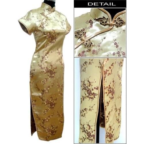 Special Offer Gold Cheongsam Chinese Womens Satin Long Qipao Dress Mujer Vestido Flower Plus Size S M L XL XXL XXXL 4XL 020215