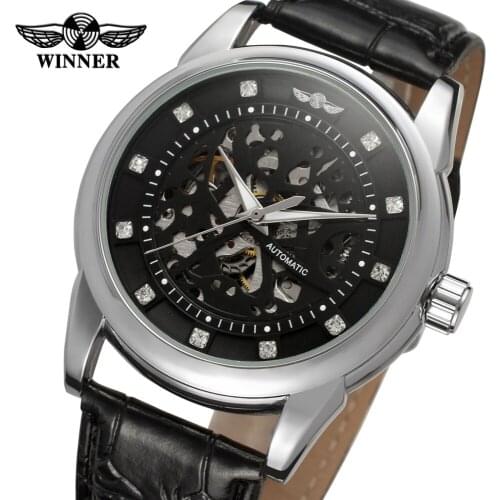 WINNER Skeleton Black Dial With Clear Stones Alloy Case montre homme luxury top brand automatic business men watch /WRG8097M3S2