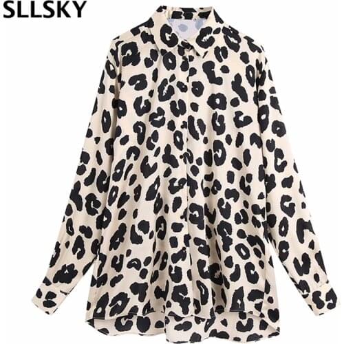 SLLSKY Fashion Leopard Printted Women Blouse Summer Single Breasted Turn-Down Collar Loose Long Shirts Female Long Sleeve Shirt