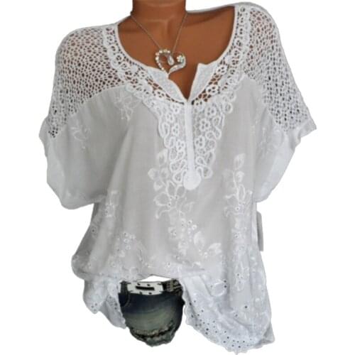 Lace Stitching Sexy Hollow Out Women Blouse Cotton V-neck Embroidered Batwing Sleeve Female Casual Summer Tops
