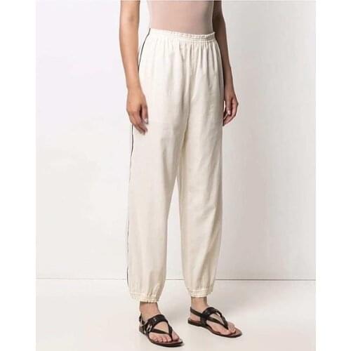 Women Pants 2021 European and American Fashion Loose Side Black Striped Cotton Elastic Waist Casual Pants