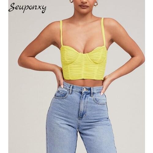 High Quality 2021 Summer Fashion WomenS Backless Pleated Camisole Yellow Sexy Sleeveless Bodycon Celebrity Party Short Top