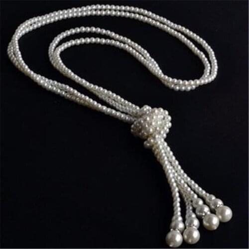 New double knot imitation pearl long knotted tassel female fashion sweater costume jewelry gift necklace Hot Sale