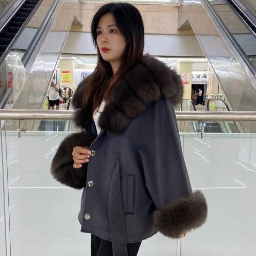 Fur Coat Women Natural Fox Fur Jacket Wool Blend Overcoat Autumn Winter Cardigan Fashion Adjustable Waist Cape