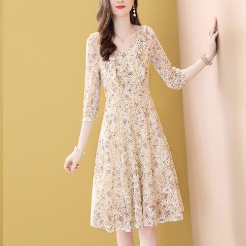 Women Apricot Floral Printed Chiffon Dress For Women A-line Chiffon Dress Half Sleeve V-Neck Fairy Dress For Women Summer