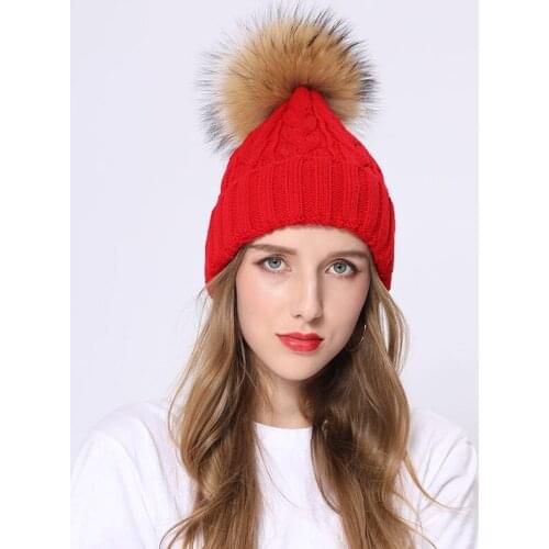 Winter Women Multicolor Skullies Caps Acrylic Knitted Beanie Hat With Real Raccoon Fur Pom Pom Gorros Mujer Invierno MJF-AB-02