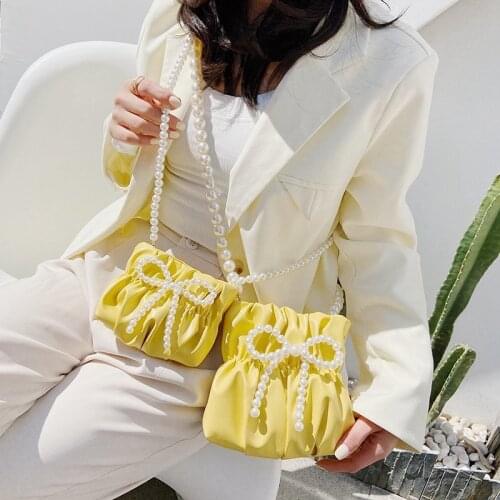 2021 Mini Cute Pearl Bow Bucket Bags for Women Pearl Chain Crossbody Bags Designer Shoulder Bag Luxury Dinner Clutch Purse