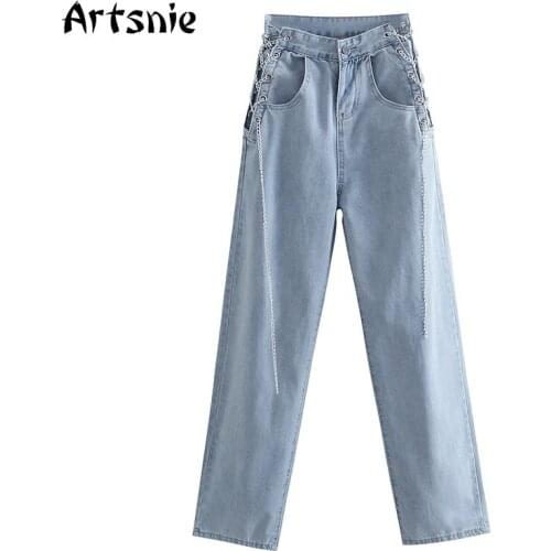 Artsnie Streetwear Chain Hollow Out Jeans Women Summer 2021 High Waist Vintage Long Pants Blue Casual Straight Denim Pants Femme