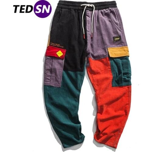 Hip Hop Cargo Pants Corduroy Sweatpants Men Harem Joggers Vintage Color Block Patchwork Street Pants Harajuku Trousers Loose