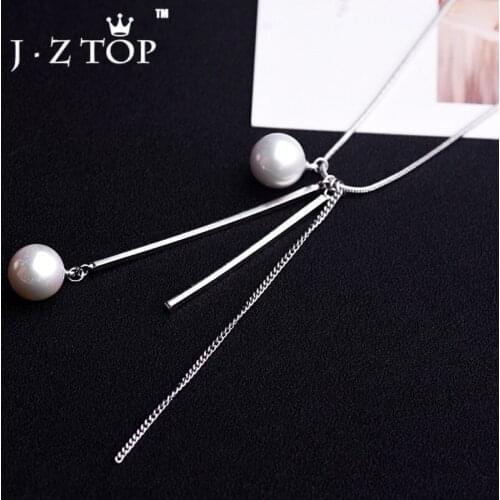 JZTOP Tassel Imitation Pearl Metal Chain Pendant Long Necklace For Woman Fashion Sweater Chain Necklace Kolye Jewelry