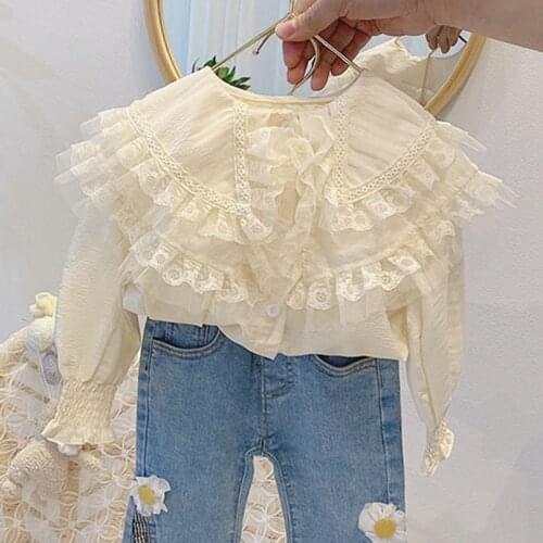 Double Layers Collars Girls Lace Shirt Spring Fall Puff Sleeve Kids Long Sleeve Blouse for Girls Clothes Toddler Girls Cardigans