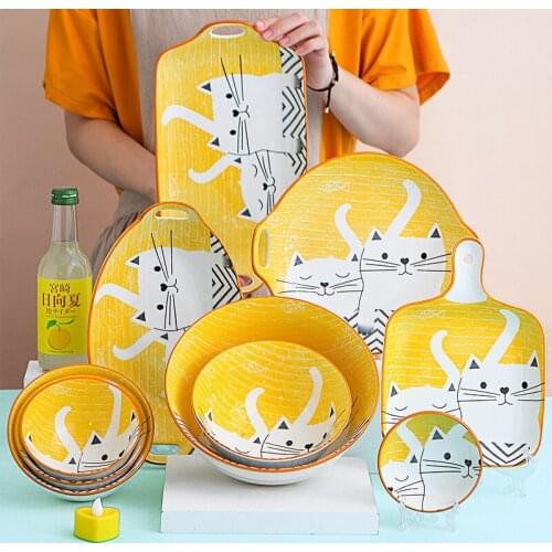 Cute Cat Ceramic Dinner Plates Japanese Style Hand-painted Dishes Children Tableware Noodle Soup Rice Bowl Dessert Serving Tray